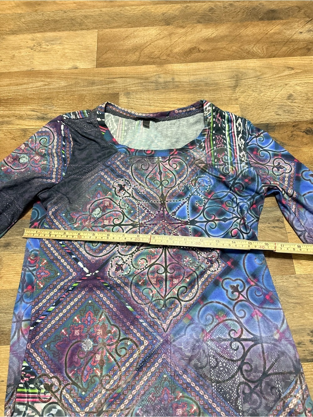 Kiara Multicolor Printed Tunic Top Size S | Boho Patchwork 3/4 Sleeve Blouse - Picture 3 of 4
